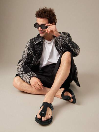 SHUZIA 男士搭扣T字带人字拖，柔软鞋垫，优质人造革黑色凉鞋——支撑性好、简约百搭