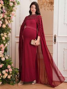 SHEIN Solid Color Beaded Long Shawl Elegant Maternity Dress - Red - View 3