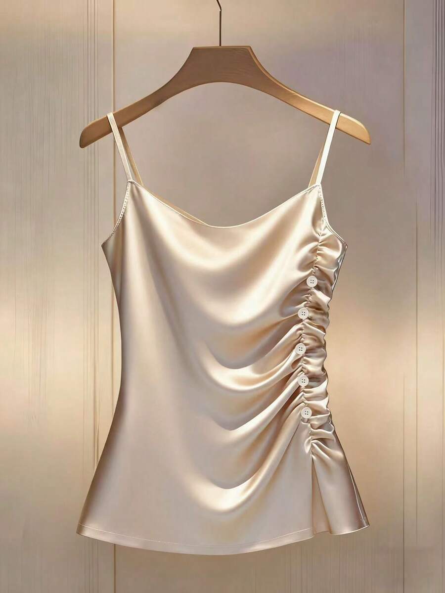 Franclia Áo hai dây nữ màu sâm panh thanh lịch với phần eo xếp ly và chi tiết cúc, áo hai dây kiểu dáng ôm sát, áo hai dây trang trí cúc, xếp ly bên hông, thích hợp mặc mùa xuân/hè, đa năng và sang trọng, cổ áo xếp bèo thanh lịch, áo hai dây màu sâm panh, áo mặc đi hẹn hò, áo hai dây dự tiệc cưới. - Rượu sâm banh - Xem 1