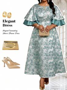 Fleurora 大码碎花圆领优雅短袖连衣裙 - 薄荷綠 - 查看 3