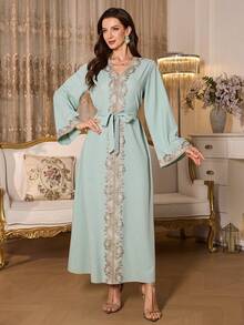 Elenzga Women's Loose V-Neck Ruffle Hem Long Sleeve Belted Robe, Turkish Abaya, Arabic Style Robe - Green - View 3