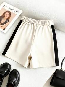 Franclia 女士宽松优雅短裤，黑米色撞色设计，夏季穿着 - 杏色 - 查看 2