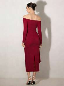 Modelyn Women's Elegant Solid Color Off-Shoulder Mid-Length Dress - Red - View 2