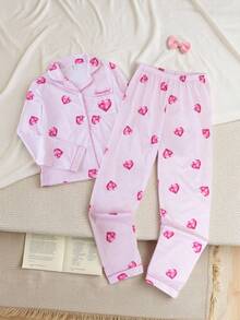 Girls' Fashionable Cute Heart & Diamond Print Cardigan & Pants Pajama Set - Pink - View 3