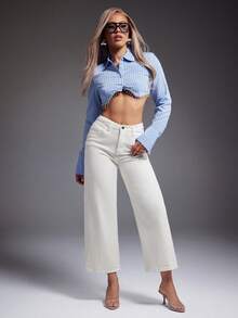 Denimoi Rhinestone Trim Cropped Collared Stripe Top Long Sleeve Crop Striped Shirt Fashionable Tops - Blue - View 3