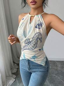 Elenzga Áo kiểu nữ dáng tiêu chuẩn mùa xuân/hè, đính hạt cườm, thắt dây chéo, họa tiết biển cả, thanh lịch. - Nhiều màu - Xem 6