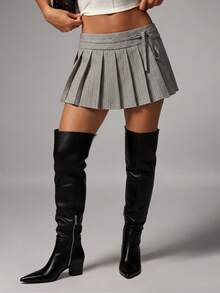 Avenya Striped Print Knotted Waist Pleated Casual Skirt - Khaki - View 3