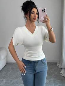 Elenzga Summer Knit Short Sleeve T-Shirt, New Casual Chic Style Top - Apricot - View 6