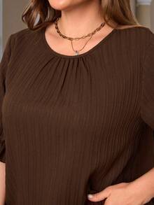 EMERY ROSE Plus Size Chocolate Brown Round Neck Puff Sleeve Blouse With Button Detail, Elegant Top - Coffee Brown - View 3