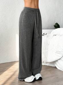 Easithlete Women Casual Drawstring Waist Loose Wide Leg Sports Pants - Dark Grey - View 5