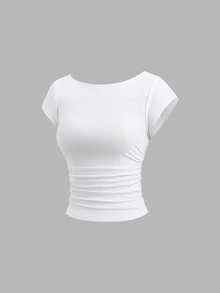 Sweetra Solid Color Round Neck Pleated Fitted Elegant Fashion Short Sleeve T-Shirt - Multicolor - View 12