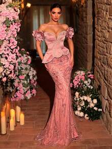 Glamrae Elegant Luxurious Beaded,Sequin & Embroidered One-Shoulder Mermaid Dress With 3D Floral Sleeves,Suitable For Bridal,Mother Of The Bride Formal Gowns - Dusty Pink - View 8