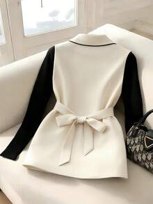 Franclia Women's Blazer, Beige Blazer, Contrasting Collar Blazer, Sleeveless Blazer, Thin Spring/Autumn Blazer, Belted Blazer, Elegant Blazer, Black Blazer, Color-Block Blazer, Everyday Commuter Blazer, Fashionable And Versatile Blazer, Simple And Sophisticated Blazer Suit Jacket For Women Women Blazer Women Suit Vest Dress Jacket - Beige - View 2