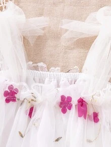 SHEIN 可爱优雅的女婴连衣裙，印花图案，喇叭裙摆，网纱罩面 - 白色 - 查看 6