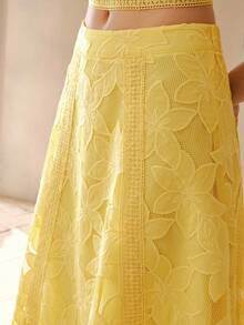 MOTF PREMIUM WOMEN'S HIGH WAIST LOOSE A-LINE HOLLOW OUT EMBROIDERY SKIRT, ELEGANT AND SLIMMING, SUMMER - Yellow - View 1
