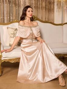 Selianne Women's Elegant Off-Shoulder Ruffle Decor Waist-Cinched A-Line Maxi Dress, Glossy Fabric Suitable For Banquet, Date, Party, Spring/Summer - Champagne - View 1