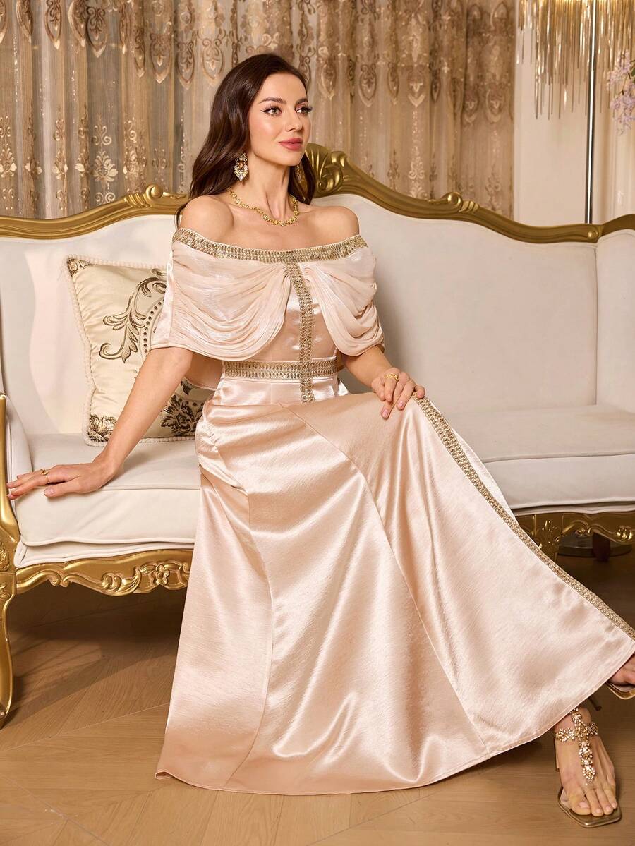 Selianne Women's Elegant Off-Shoulder Ruffle Decor Waist-Cinched A-Line Maxi Dress, Glossy Fabric Suitable For Banquet, Date, Party, Spring/Summer - Champagne - View 1