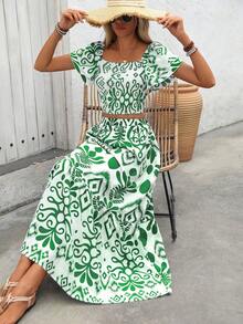 Breezaya Women's Summer Vacation Allover Print Ruffle Hem Crop Top And Skirt 2 Pieces Set - Green - View 3