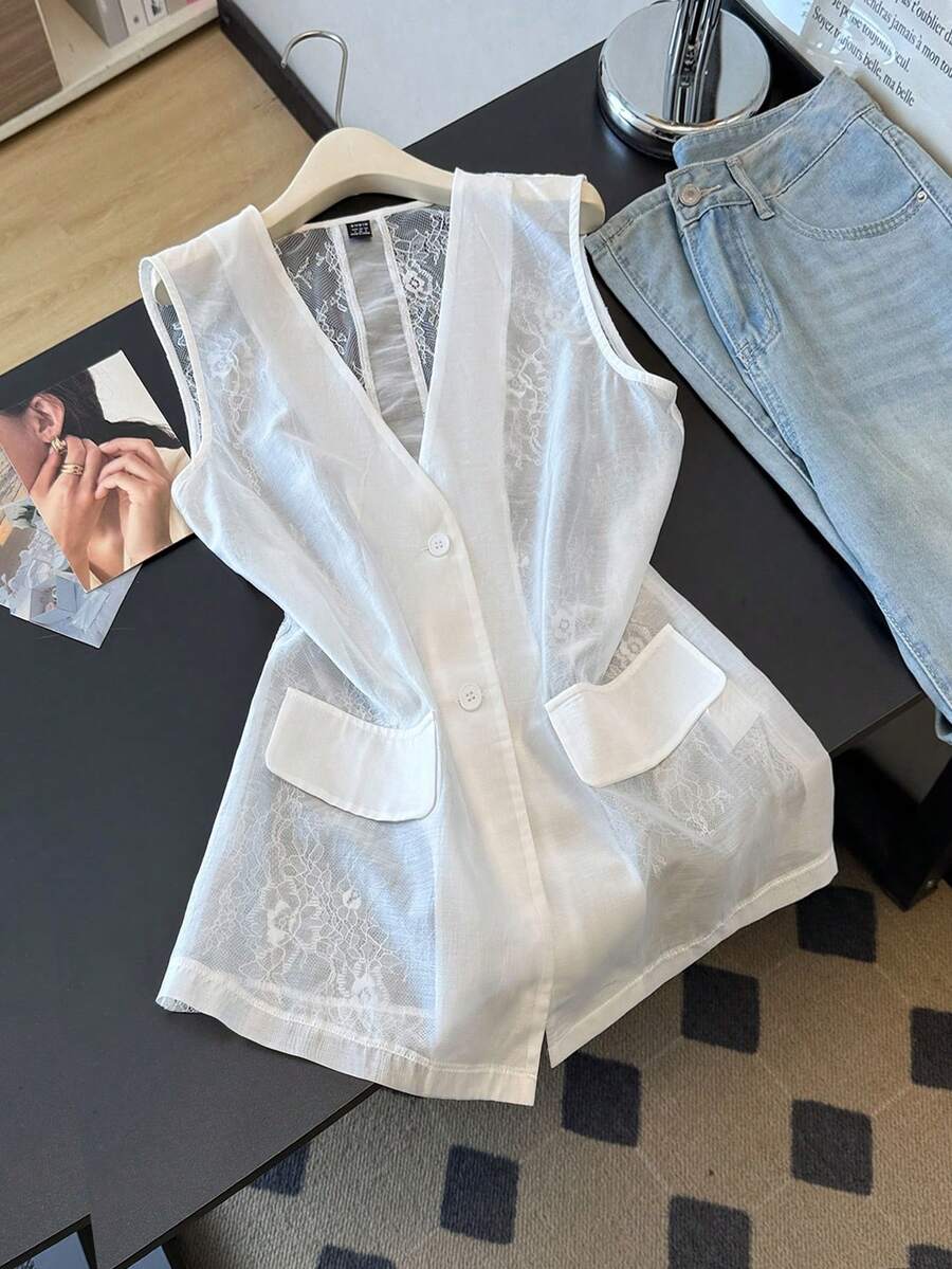 Franclia Women's Lightweight Lace Patchwork Deep V-Neck Sleeveless Jacket, Spring/Summer - White - View 1