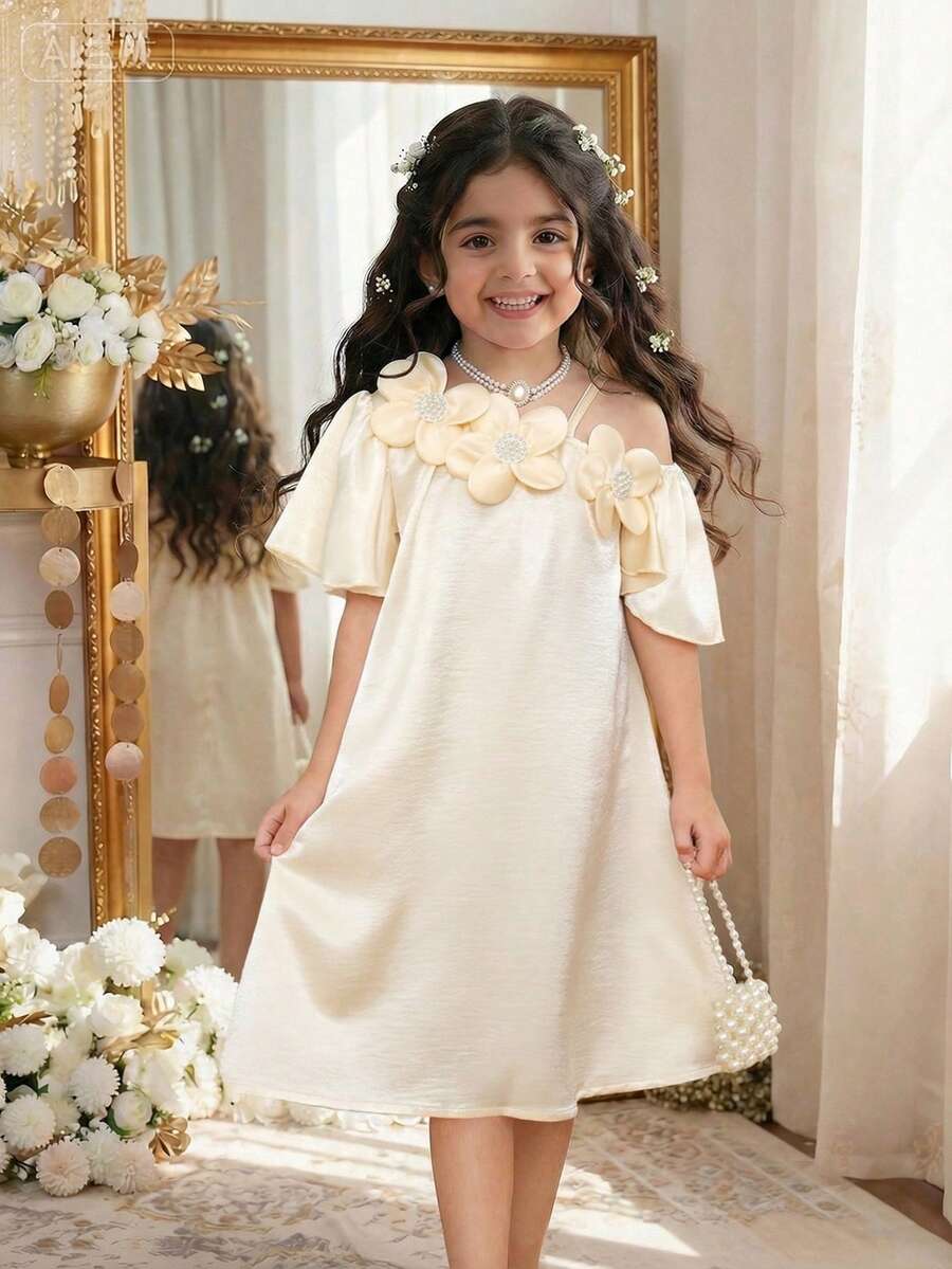 1pc Girls Casual Loose Fit Satin Slip Dress, Sleeveless Floral Neck Design, Elegant & Vintage Style, Suitable For Summer - Champagne - View 1