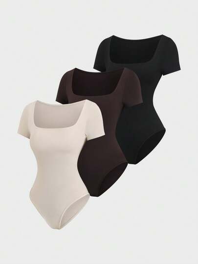 Sweetra 3pcs/Set Women's Summer Solid Color Slim Fit Minimalist Square Neck Short Sleeve Bodysuit, Apricot, Coffee Brown And Black, Versatile For Daily Commute