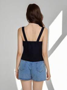 Ardnt Áo hai dây cổ vuông phong cách Pháp cổ điển tối giản, ôm eo, kiểu dáng thon gọn, món đồ không thể thiếu trong mùa hè, thiết kế đơn giản và đa năng. - màu đen - Xem 2