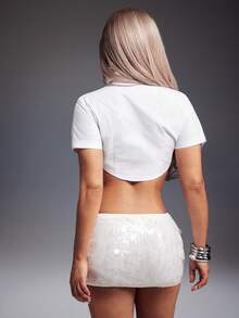 Denimoi 镶钻翻领露脐上衣，时尚办公室穿搭，早午餐造型，性感露脐上衣 - 白色 - 查看 3