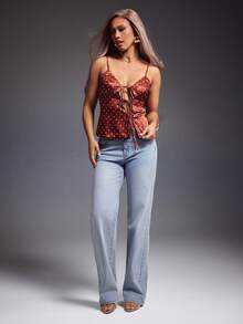 Denimoi 不对称系带缎面波点吊带背心 性感上衣 约会之夜上衣 GNO 巴黎时尚 - 棕色 - 查看 3