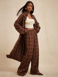 NYA SZN 女士时尚休闲/办公通勤格子印花落肩宽松长袖长衬衫和阔腿裤两件套 - 棕色 - 查看 4