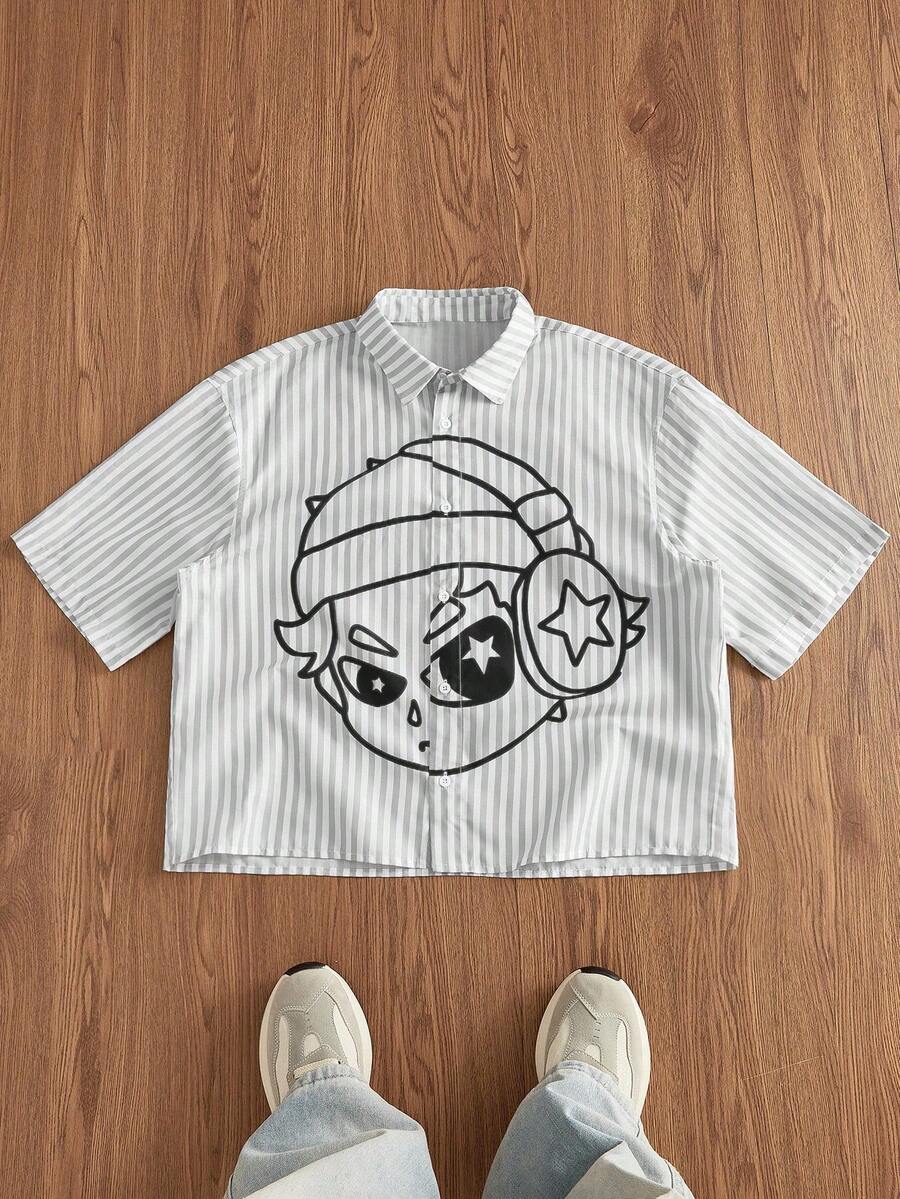 Manfinity Unisex 男士梭织休闲卡通条纹前开襟短袖衬衫，夏季 - 白色 - 查看 1