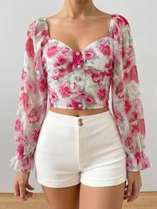 Modelyn Women's Spring/Summer Pink Woven Cutout Long Sleeve Tie Dye Print Cinched Waist Elegant Romantic Blouse, Suitable For Valentine's Day - Multicolor - View 3