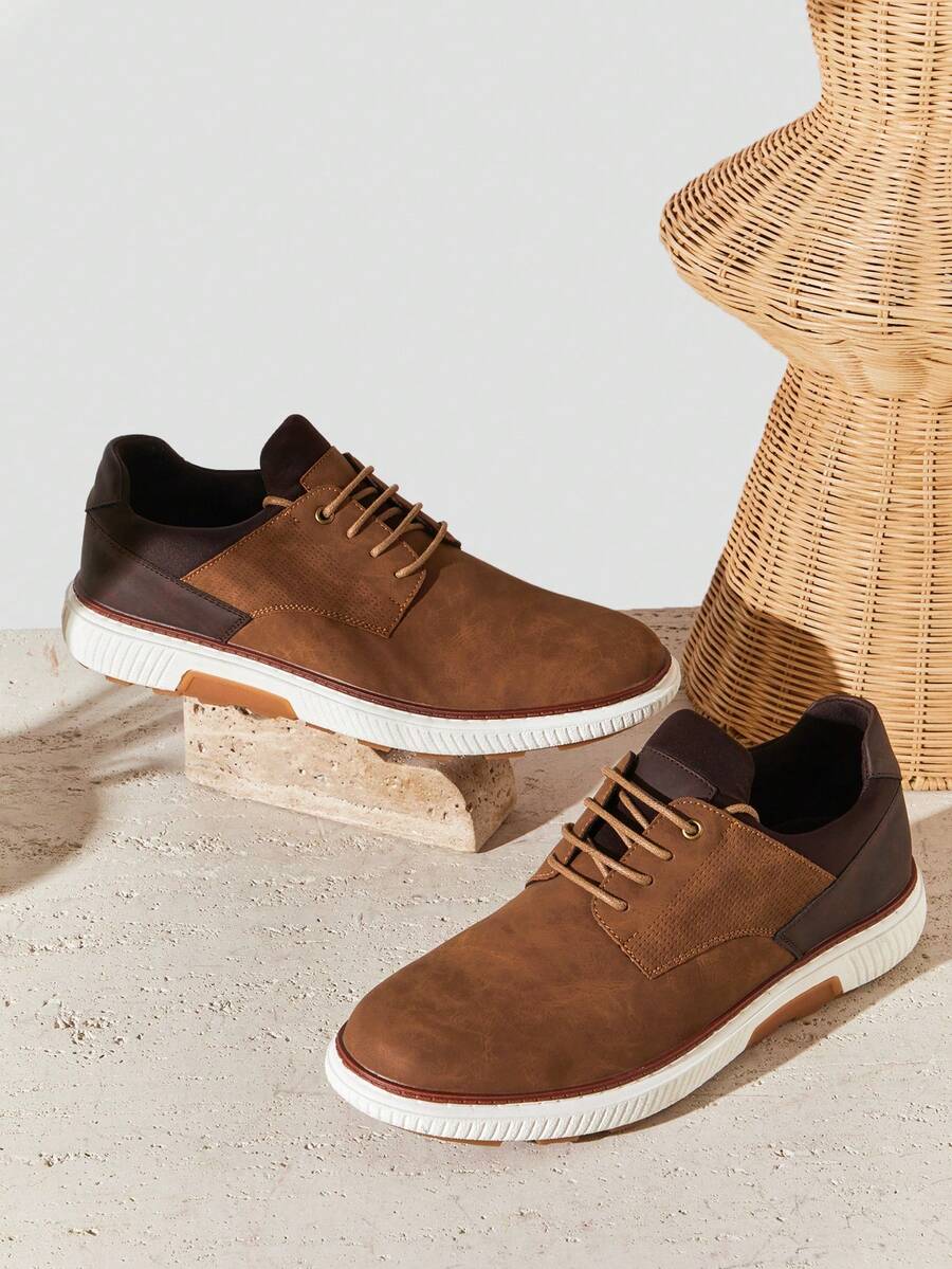 SHUZIA #UrbanClassic 男士缓震鞋底撞色拼接系带套脚圆头休闲鞋 – 百搭舒适 - 咖啡棕 - 查看 1