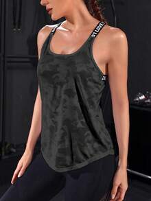 Powerista Camo Print Letter Tape Panel Sports Tank Top Gym Top - Black - View 5