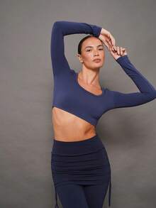 Activina Maglietta sportiva a maniche lunghe, aderente, con scollo a barca, di colore unito, alla moda - Blu - Visualizzare 5