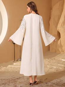 Al Najma Women's Apricot V-Neck Rhinestone Embellished Loose Fit Casual Dress - Apricot - View 5