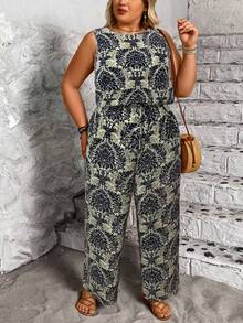 EMERY ROSE Plus Size Casual Retro Print Round Neck Jumpsuit, Versatile - Blue - View 3