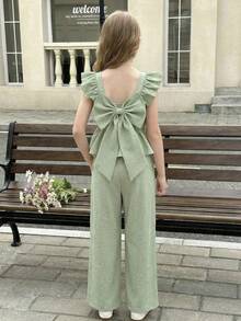 SHEIN 少女薄荷绿纹理面料蝴蝶结后背荷叶边衬衫和裤子两件套 - 薄荷綠 - 查看 7