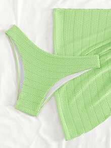 Swim Mod Solid Color Halter Tie Front Bikini Set With Tie Waist Skirt - Green - View 5