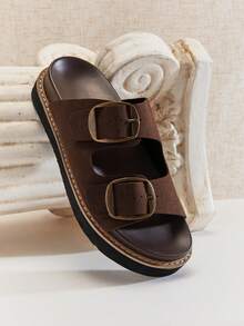 SHUZIA Women's Comfort Minimalist Buckled Double Band Flat Slip-On Sandals - Chocolate Brown - View 6