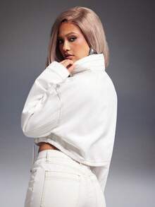 Denimoi Elastic Waist Toggle High Neck Zip Front Cropped Denim Jacket - White - View 5