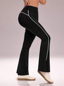 SHEIN Unity Women's High Waist Contrast Trim Flared Leg Split Hem Sweatpants - Black - View 4