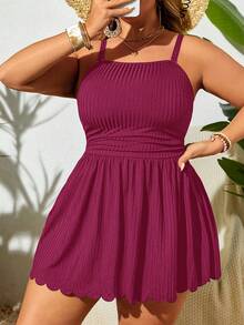 Swim Lushoire 2026 Elegante abito da spiaggia per donne taglia forte, abito con spalline sottili in tessuto a costine confortevole + slip a triangolo aderente, set da 2 pezzi, abito costume da bagno taglia forte - Bordò - Visualizzare 4