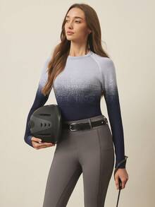 SHEIN With My Calm 1pc Women's Equestrian Wear, Outdoor Round Neck Seamless Knit Tight Fit Riding Long Sleeve Sportswear - Blue and White - View 1