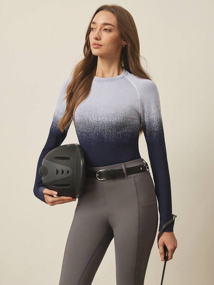 SHEIN With My Calm 1pc Women's Equestrian Wear, Outdoor Round Neck Seamless Knit Tight Fit Riding Long Sleeve Sportswear - Blue and White - View 1