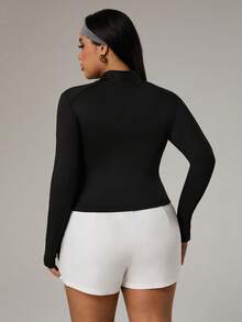 SHEIN Sports Veste de mode sportive grande taille, cardigan manche longue ajusté avec trou pour le pouce, patchwork asymétrique en maille floquée et blocs de couleurs - Noir - Voir 2