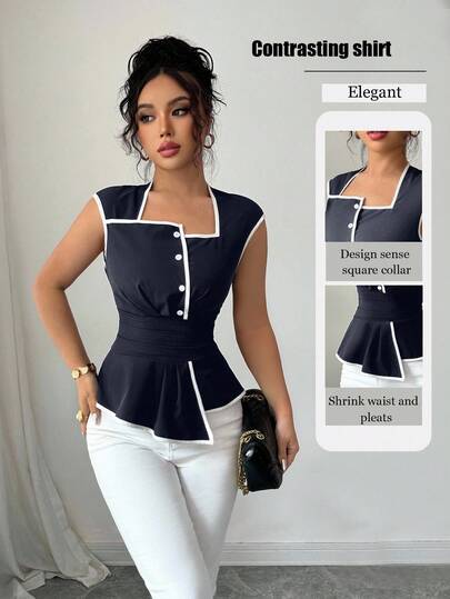 Rafferiza Blusa de colores en bloque negro y albaricoque, de diseño de cuello cuadrado sin mangas, con cintura ceñida y bajo acampanado, elegante y versátil para uso casual, de oficina o al aire libre, para primavera/verano