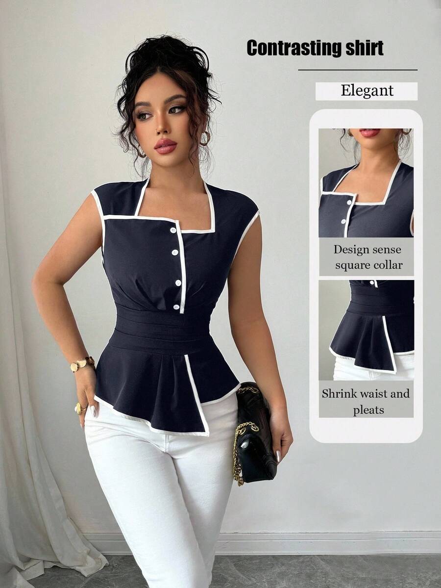 Rafferiza Women's Sleeveless Square Neck Design Waist Cinched Flared Hem Elegant Casual Commute Outdoor Work Versatile Black & Apricot Color Block Blouse, Spring/Summer Peplum Top Women Women Tops Elegant Classy Top Peplum Blouse Contrasting Shirt Square Collar Top Square Collar Peplum Top - Dark Wash - View 1