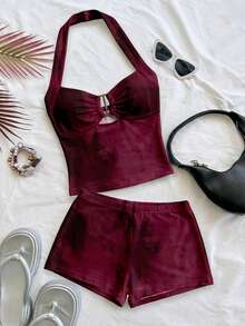 Soleia 女士休闲度假露背吊带短裤两件套，女士度假两件套，女士夏季套装，沙滩装，Y2K风格 - 彩色 - 查看 1