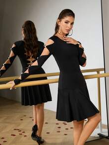 Menodora SHEIN Sport Bộ váy và quần lót màu trơn khoét rỗng, trang trí giả ngọc trai, thích hợp cho khiêu vũ Latin dành cho nữ. - màu đen - Xem 4