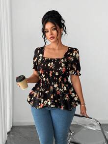 SHEIN Elenzya 优雅夏季衬衫，饰有大尺寸梭织印花 - 黑色 - 查看 6